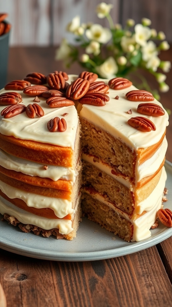 Moist Butter Pecan Cake Recipe A moist butter pecan cake with layers of frosting and pecans, served on a rustic table.